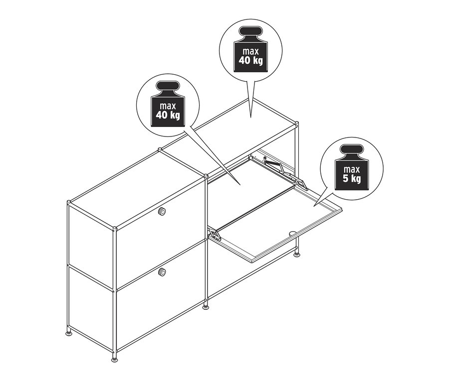 Nákres kovovej odkladacej skrinky »CN3« so 4 výklopnými dvierkami, z ktorých jedna je otvorená.