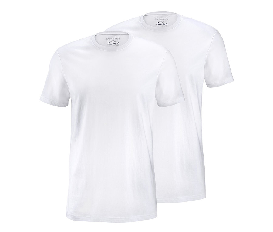 Dve biele tričká s krátkym rukávom a okrúhlym výstrihom.