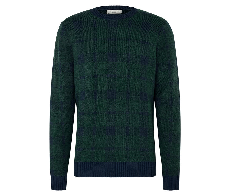 Zelený pletený sveter s tmavomodrými detailmi na leme a manžetách.