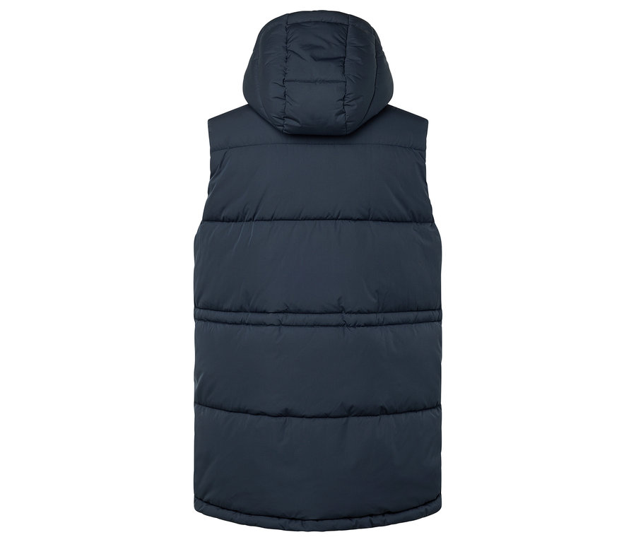 Tmavomodrá prešívaná vesta s kapucňou, pohľad zozadu.