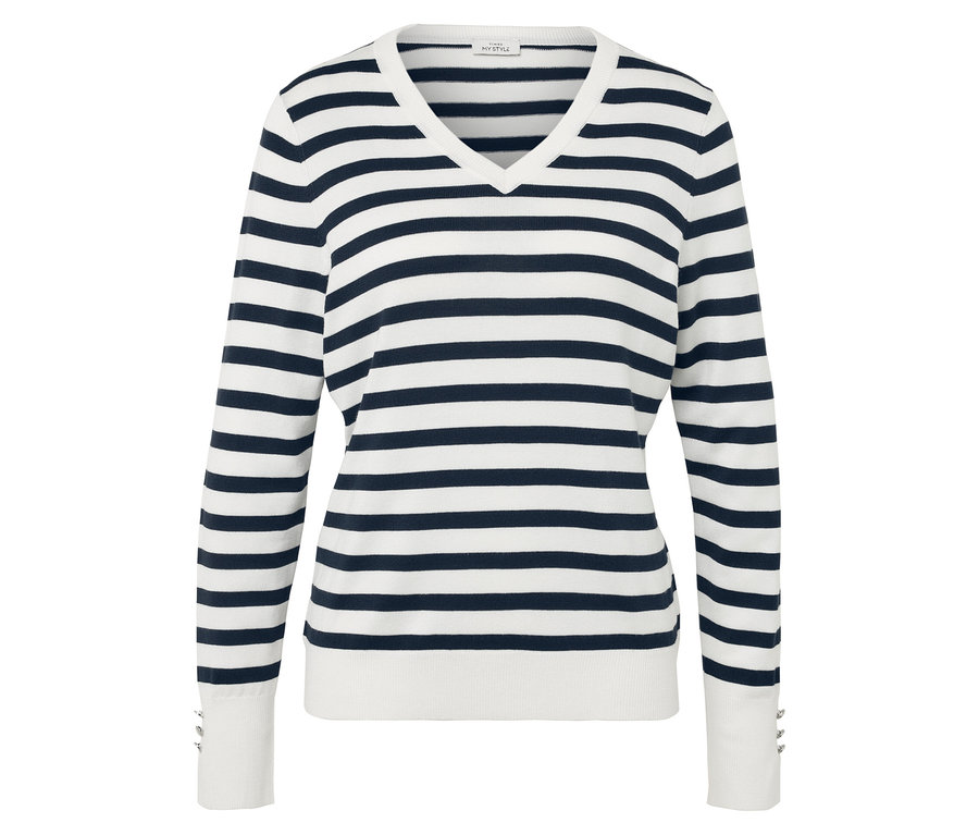 Pruhovaný sveter s dlhým rukávom v modro-bielej farbe s výstrihom do V.