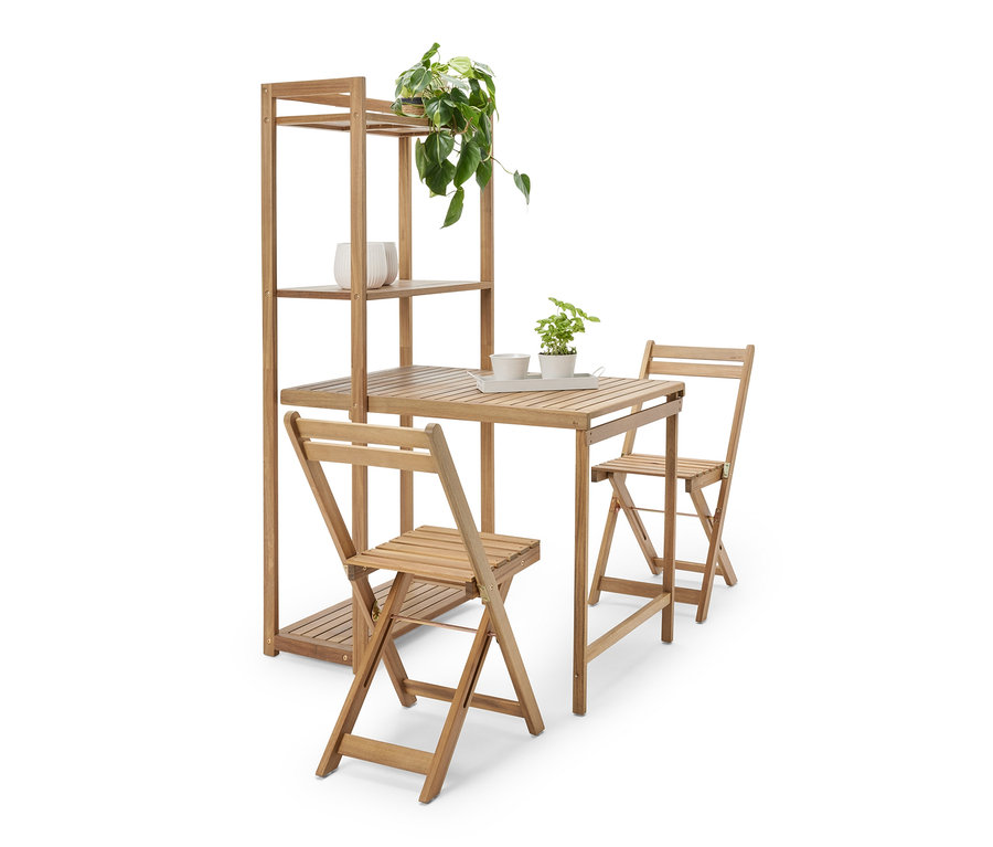 Balkónová jedálenská súprava »Lenja« s regálom s dvoma stoličkami a rastlinami.