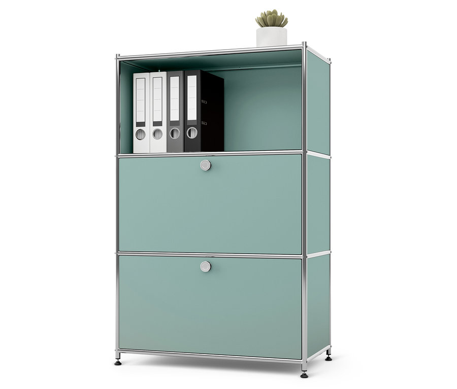 Regál s fasciklami a rastlinou v kvetináči.