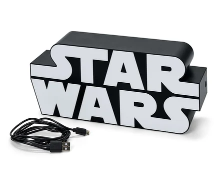 Čierno-biela lampa Star Wars s čiernym káblom na bielom pozadí.