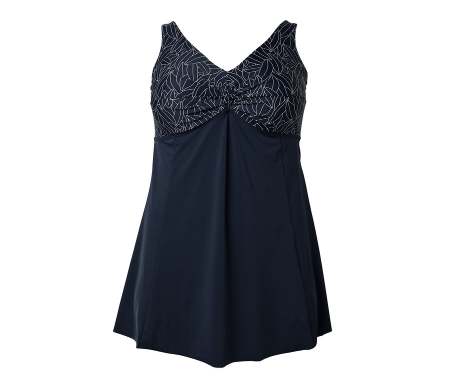 Modré plavky s bielym vzorom listov.