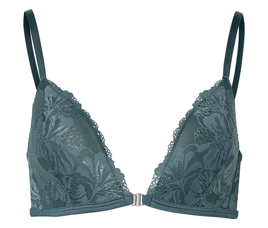 Zelená čipkovaná podprsenka s kosticami a nastaviteľnými ramienkami leží na bielom pozadí.