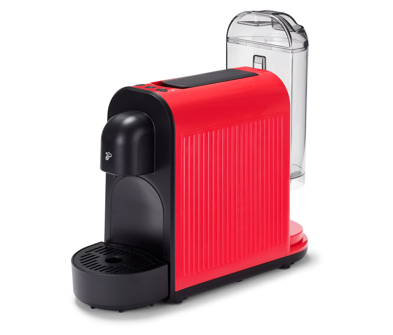 Červený kávovar Cafissimo now red s nádržkou na vodu stojí na bielom pozadí.