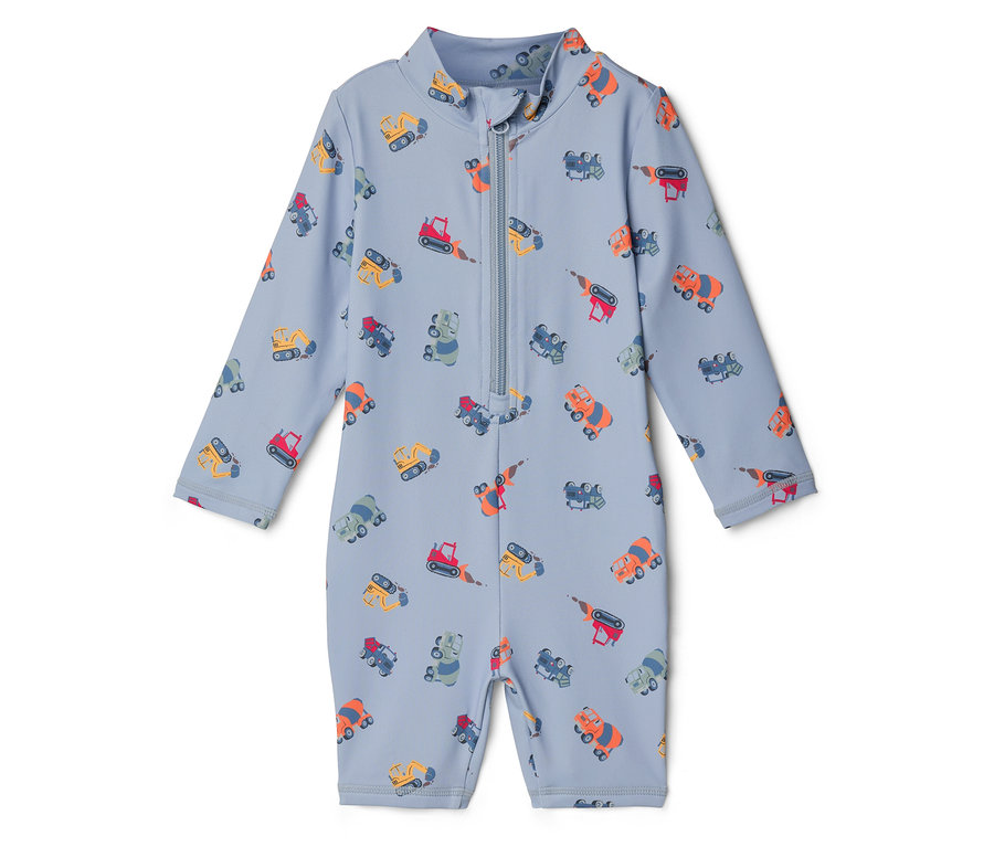 Svetlomodré plavky s celoprepínacím zipsom a farebnými motívmi stavebných vozidiel.