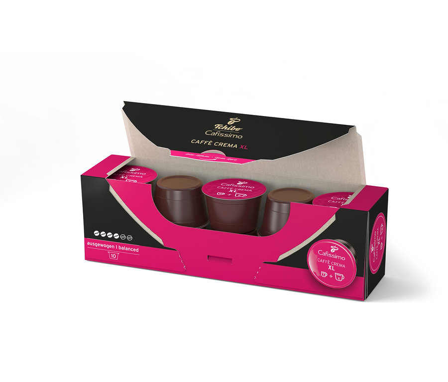 Otvorená škatuľa kávových kapsúl Cafissimo Caffè Crema XL.