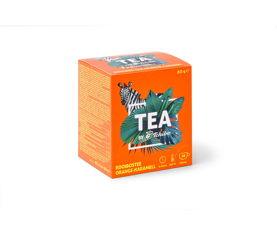 Oranžová krabička čaju TEA by Tchibo Rooibos s príchuťou pomaranča a karamelu - 8 x 20 čajových vrecúšok.