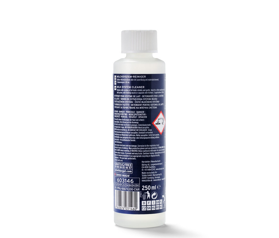 Biela fľaša čističa mliečneho systému durgol® s objemom 250 ml.