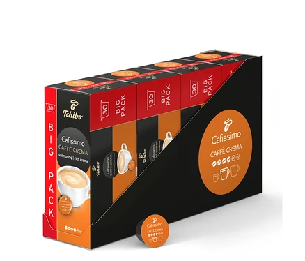 Balenie kapsúl Cafissimo Caffè Crema. Balenie je čierne s oranžovými prvkami.