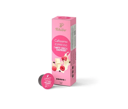 Balenie 10 kapsúl Cafissimo Flavoured Espresso - White Choc & Raspberry. Vedľa balenia leží jedna kapsula.