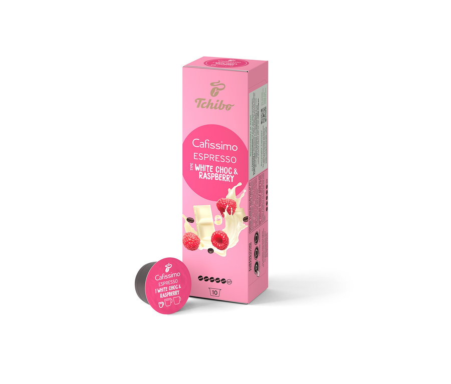 Balenie 10 kapsúl Cafissimo Flavoured Espresso - White Choc & Raspberry. Vedľa balenia leží jedna kapsula.