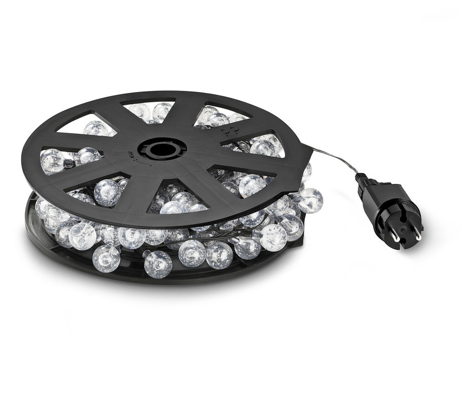 Vonkajšia svetelná reťaz s LED, 120 LED, navinutá na cievke.