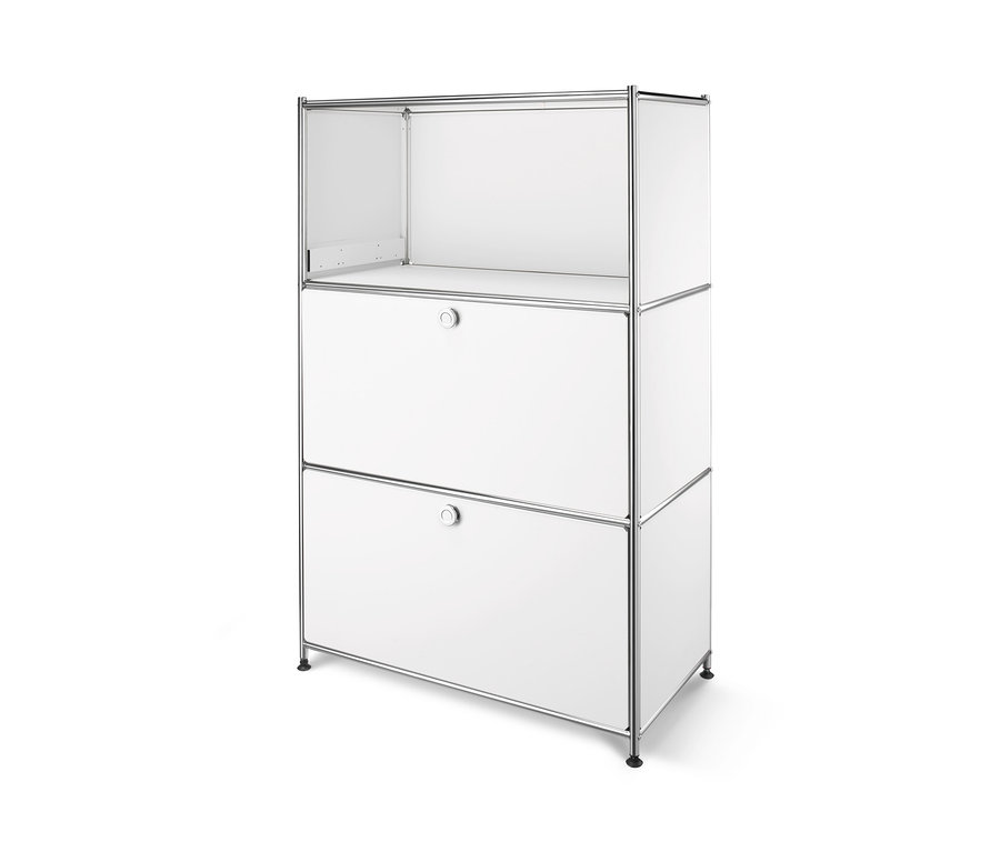 Biely kovový regál s dvomi výklopnými priehradkami.