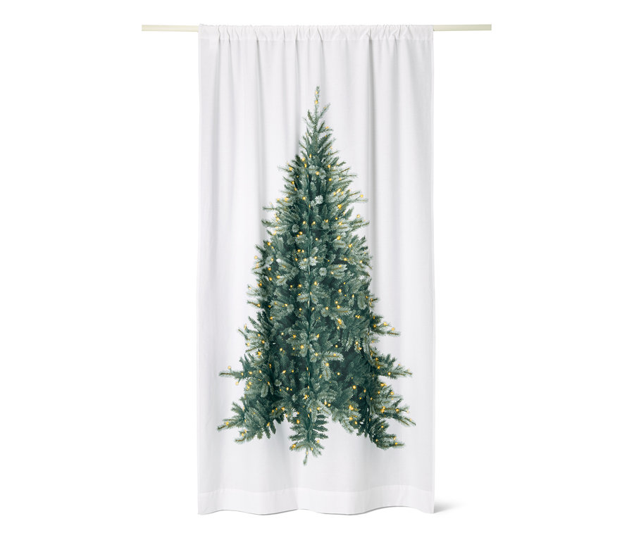 Biely záves s motívom vianočného stromčeka.