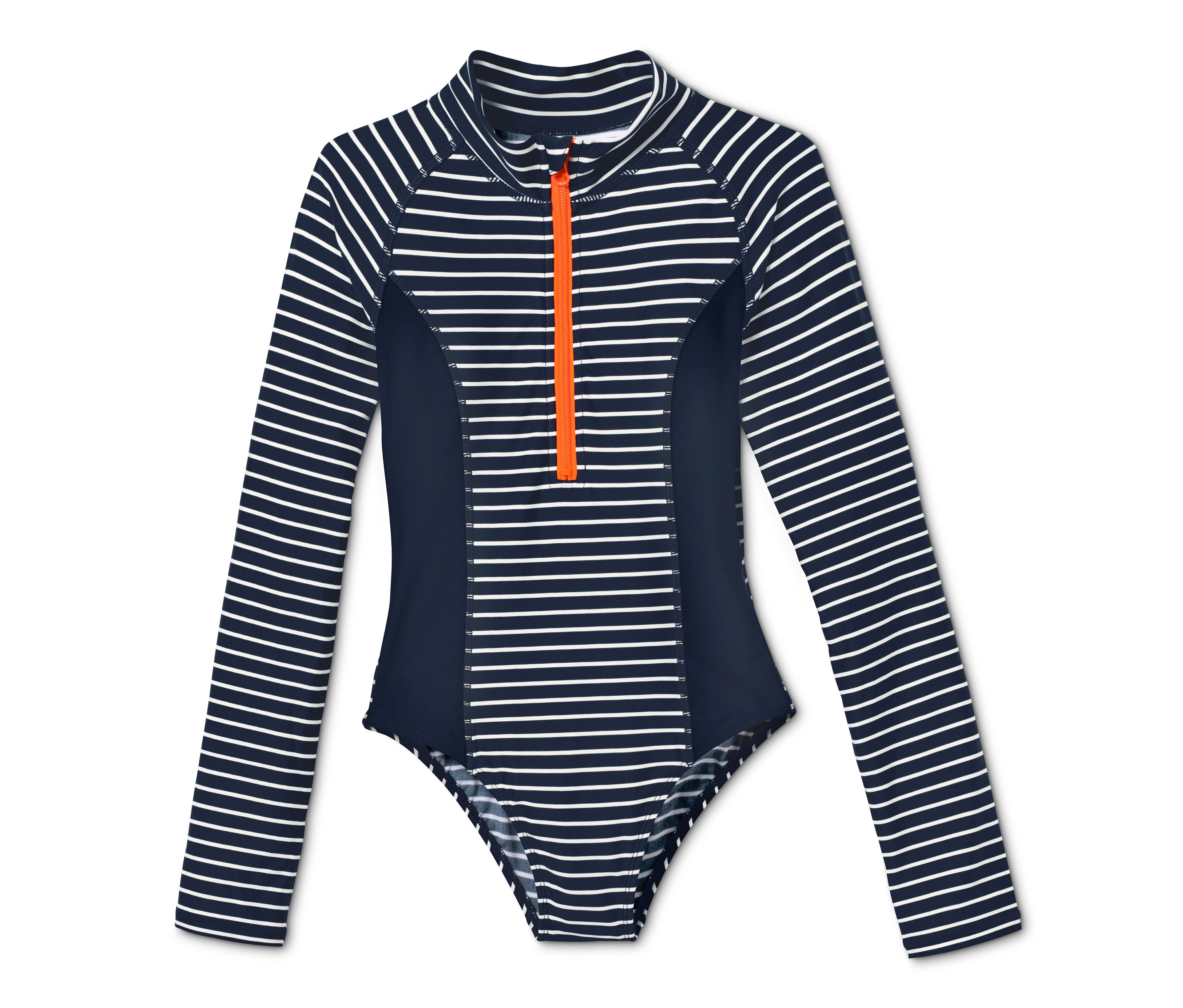 Detail jednodielnych plaviek s dlhým rukávom s modrými a bielymi pruhmi a oranžovým zipsom.