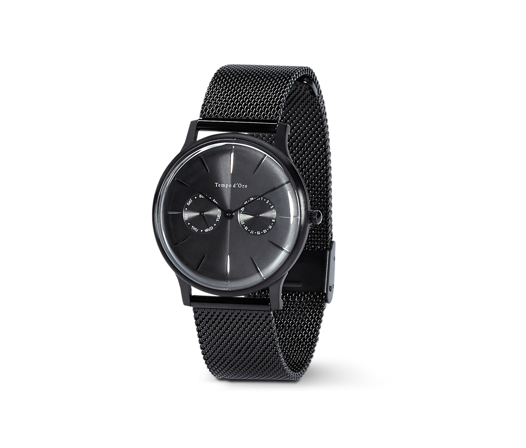 Čierne pánske hodinky s dňom a dátumom.