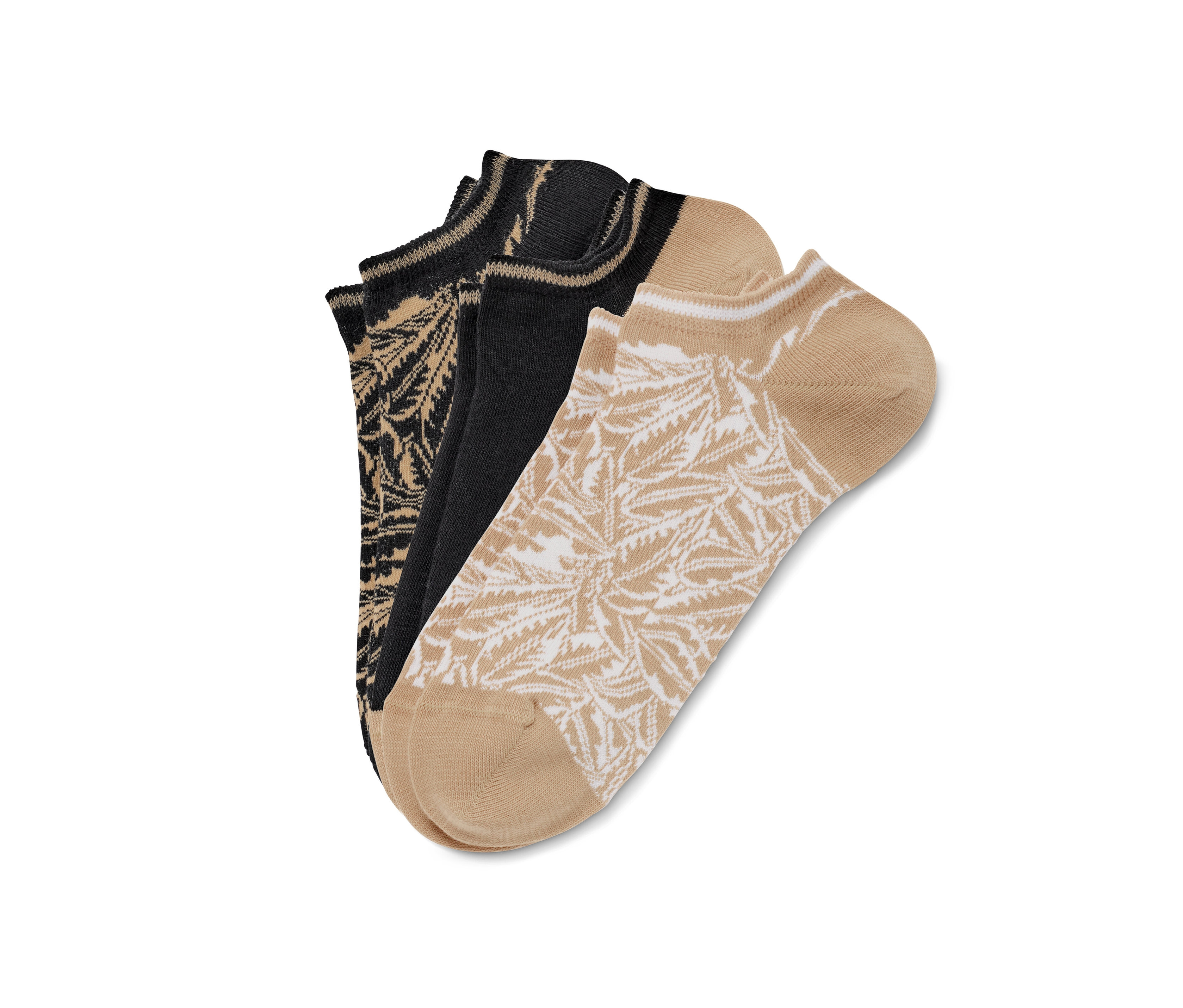 Tri páry krátkych ponožiek s potlačou palmových listov.