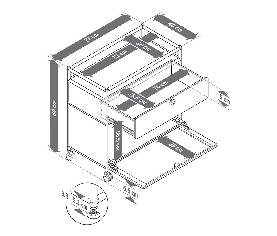 Nákres kovovej komody »CN3« s 1 zásuvkou, 1 výklopným priečinkom a lemovaním a rozmermi.