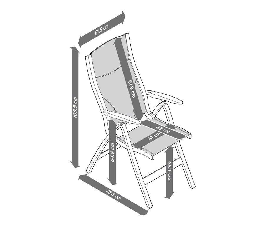 Nákres záhradného kresla s nastaviteľným vysokým operadlom a vyznačenými rozmermi.