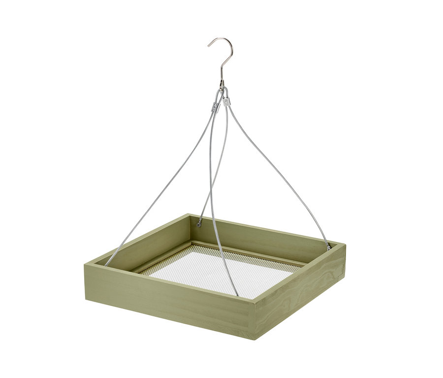 Zelené kŕmidlo pre vtáky so strieborným hákom a drôtmi.