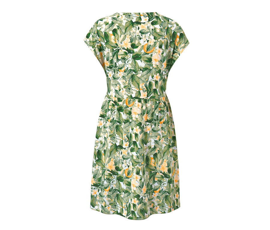 Dámske džersejové šaty s potlačou listov a kvetov.