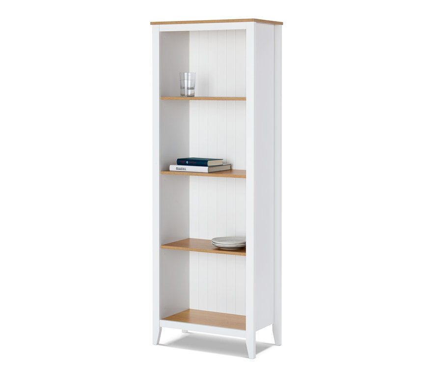 Biely regál so štyrmi policami, na ktorých sú poháre, knihy a taniere.