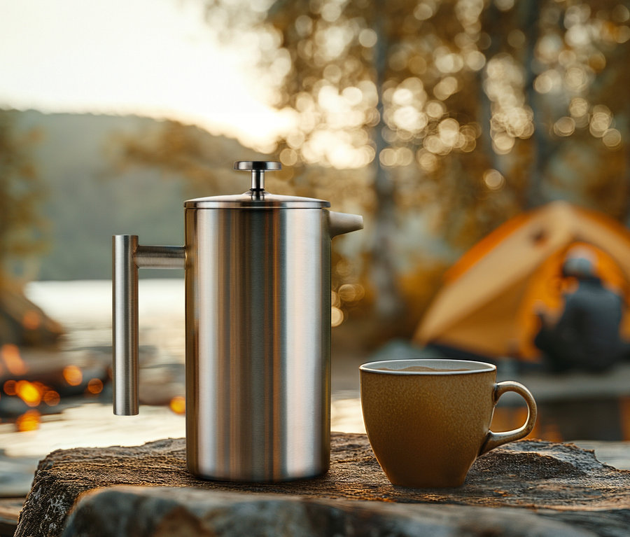 Dvojstenná kanvica french press 900 ml z ušľachtilej ocele a hrnček stoja vonku. V pozadí je vidieť stan.