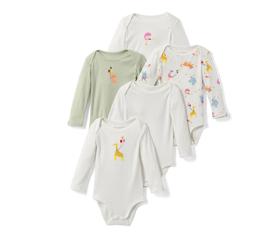 Päť detských body s dlhým rukávom leží na sebe. Body sú biele, olivové a potlačené zvieratami.