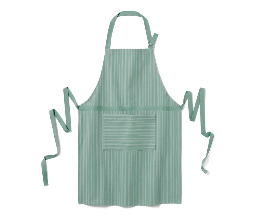 Zelená kuchynská zástera s pásikmi a vreckom.