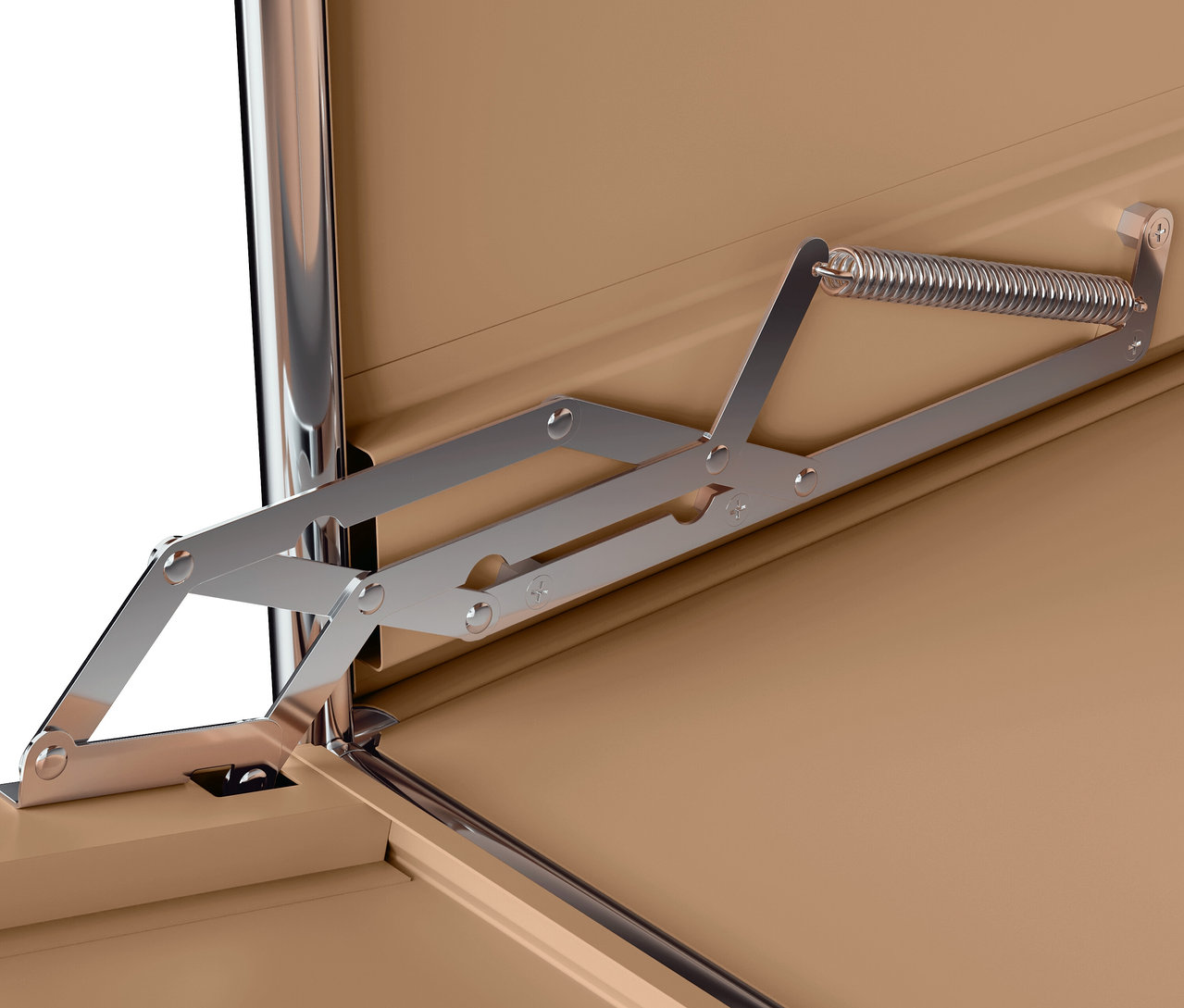 Detail hnedej skrine s oceľovým mechanizmom na otváranie.