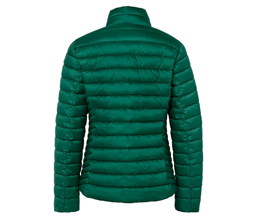 Pohľad zozadu na zelenú prešívanú bundu.