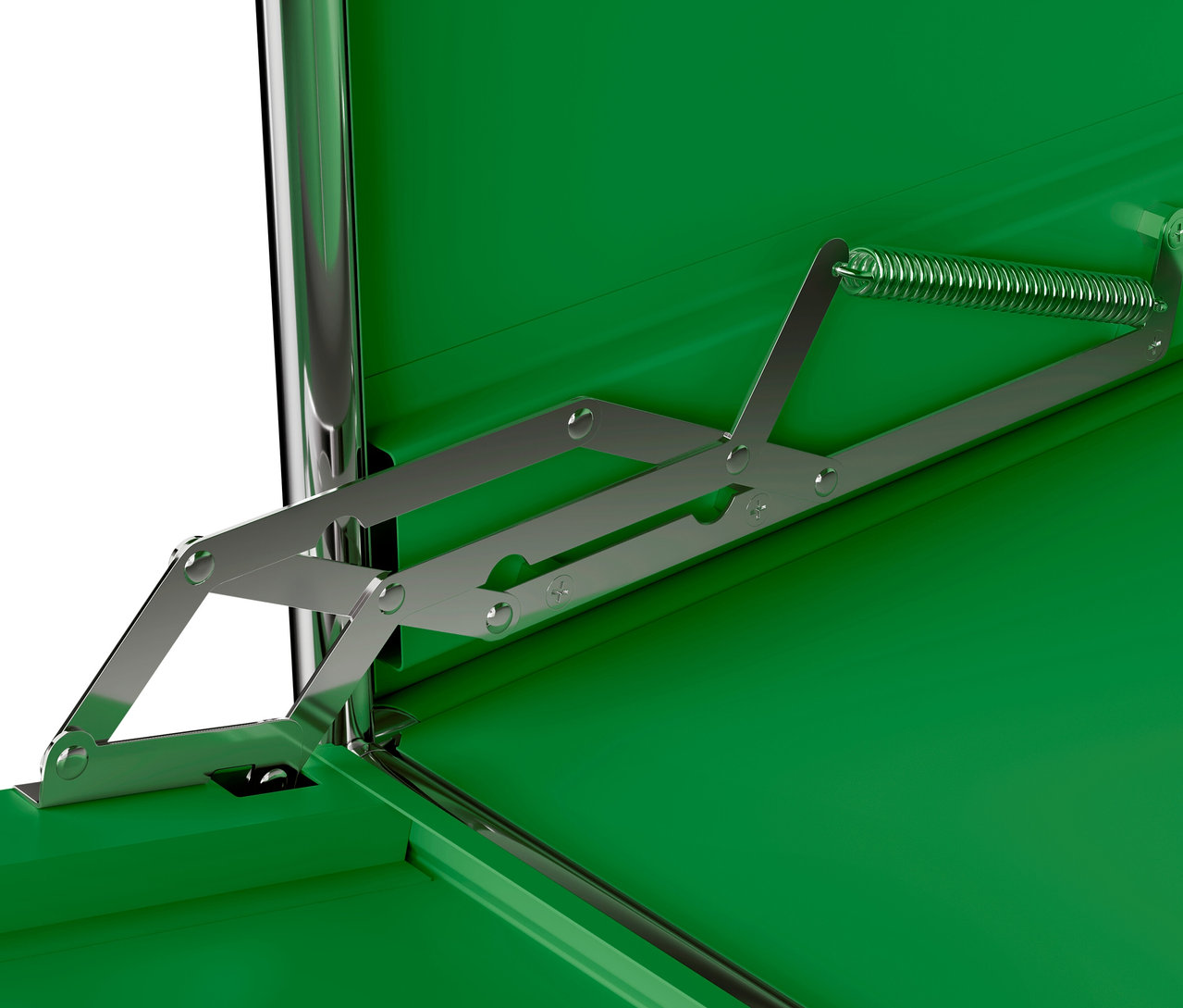 Detail zelenej kovovej odkladacej skrinky »CN3« s 1 výklopným priečinkom.