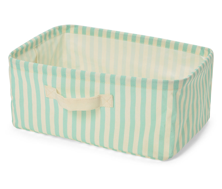 Obdĺžnikový úložný kôš s modro-bielymi pruhmi a látkovou rukoväťou.