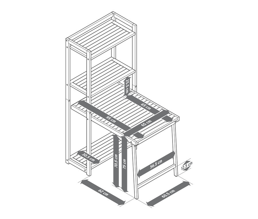 Rozmery balkónovej jedálenskej súpravy »Lenja« s regálom.