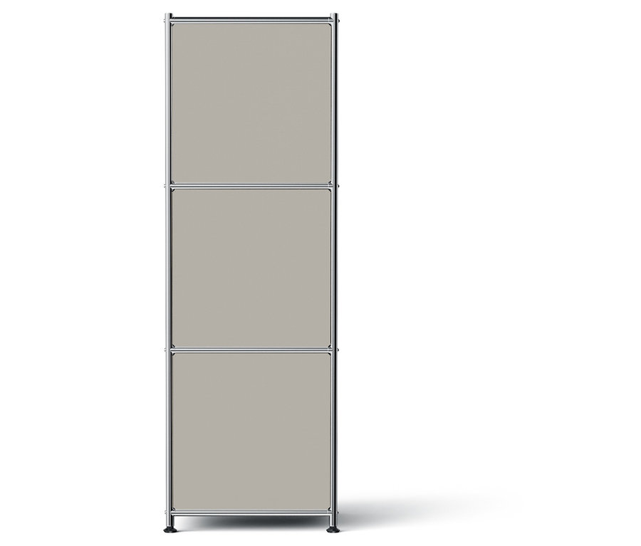 Sivý modulárny úložný regál s tromi úrovňami.