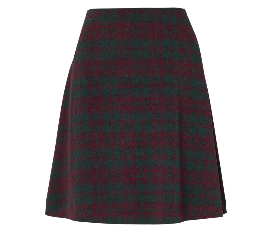 Kockovaná sukňa v bordovej a zelenej farbe.