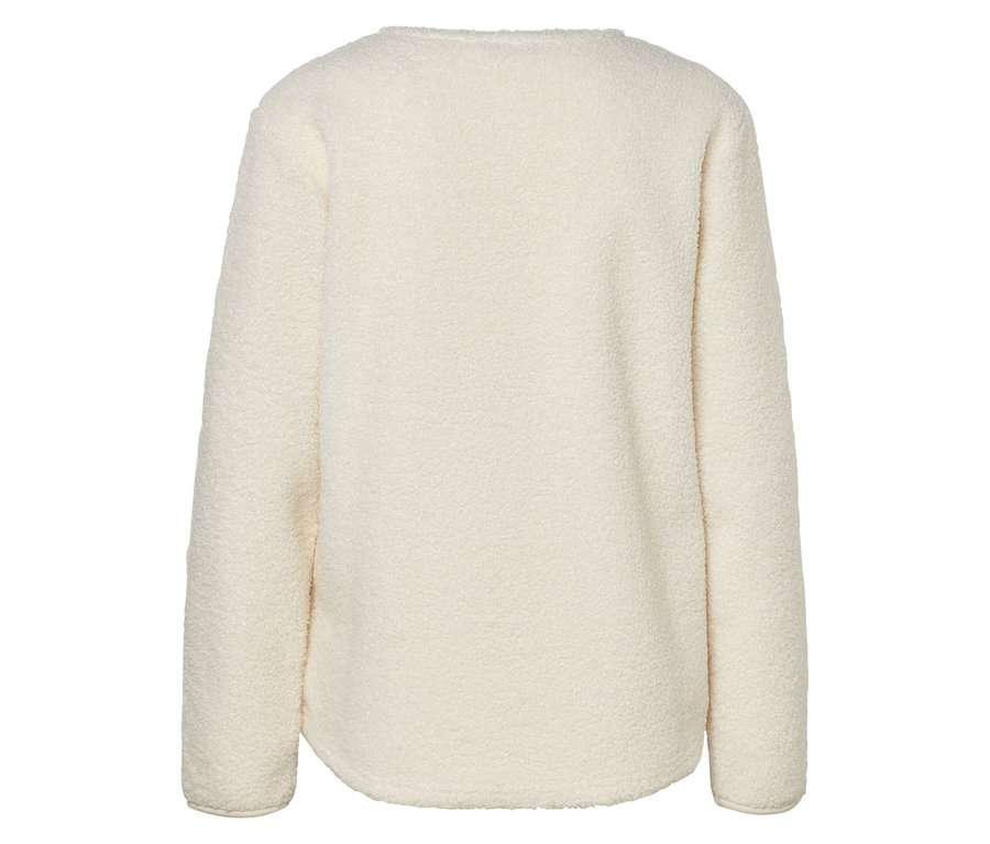 Detail zadnej strany krémovej flísovej mikiny s dlhým rukávom.