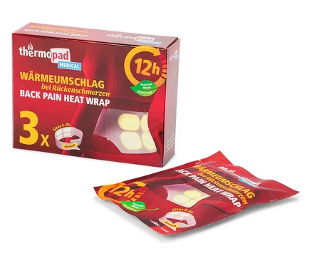 Balenie ohrievacích vankúšikov Thermopad na bolesti chrbta, vedľa je jeden vankúšik.