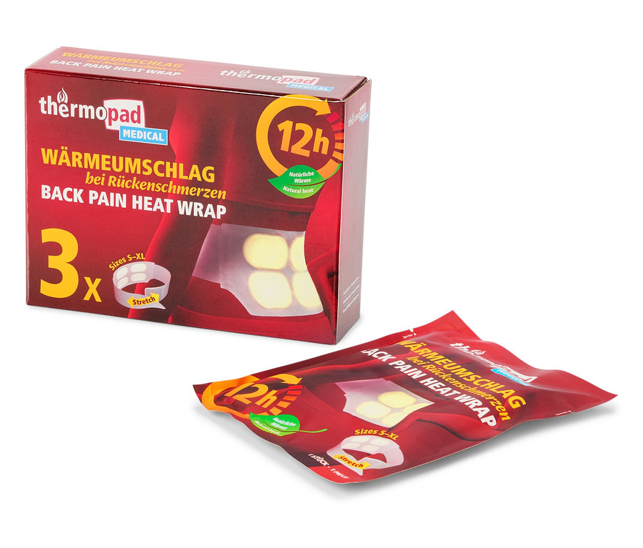 Balenie ohrievacích vankúšikov Thermopad na bolesti chrbta, vedľa je jeden vankúšik.