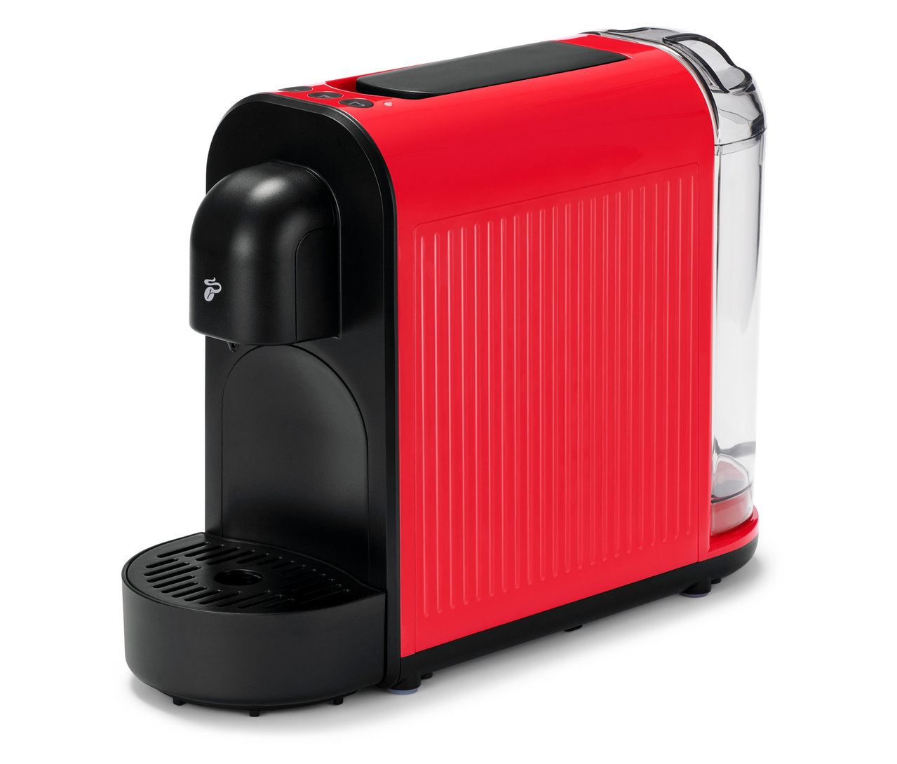 Červený kávovar Cafissimo now red stojí na bielom pozadí.