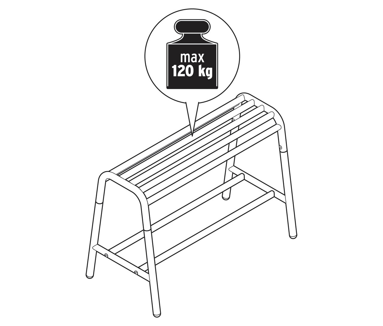 Ilustrácia lavičky s policou a upozornením na maximálnu nosnosť 120 kg.