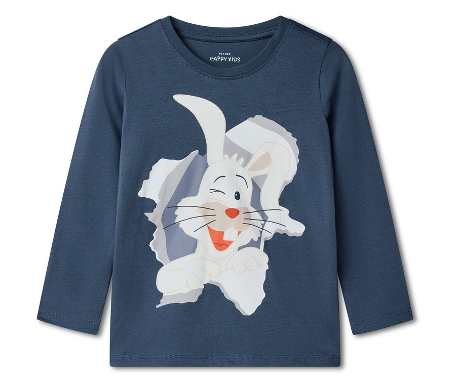 Modré tričko s dlhým rukávom s potlačou bieleho zajaca, ktorý vyzerá spoza trhliny.