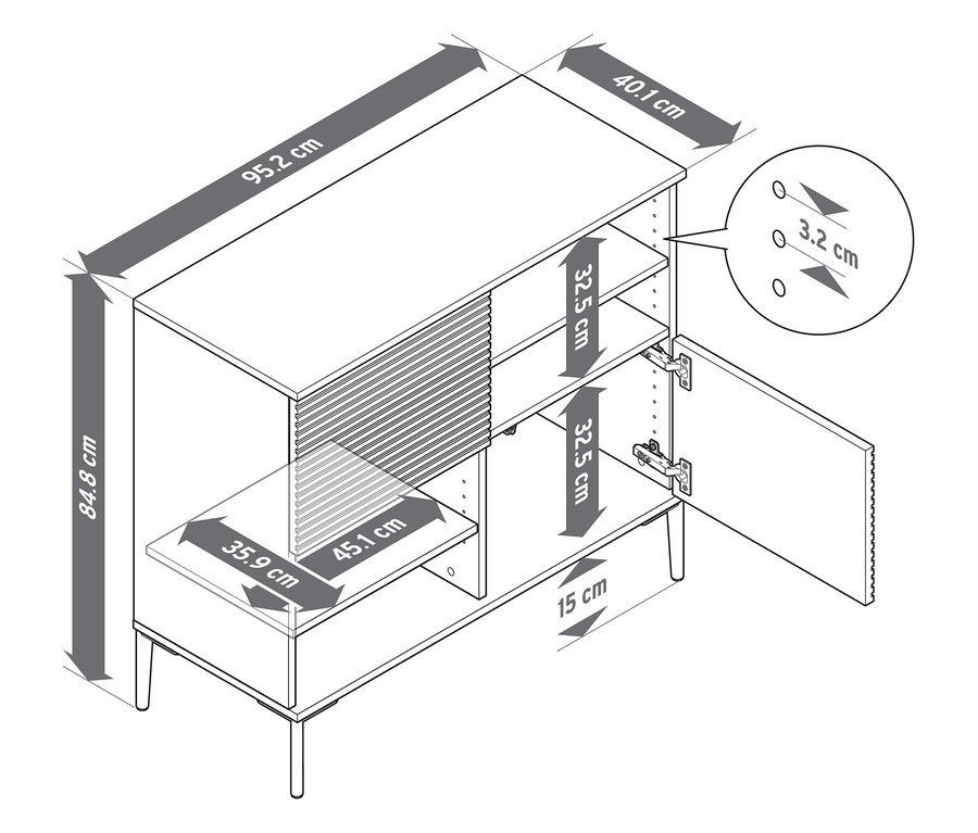 Nákres komody »REET« v lamelovom vzhľade s rozmermi.