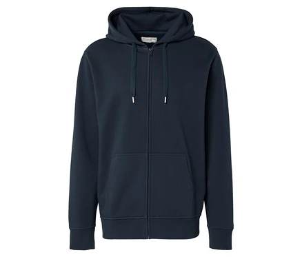 Tmavomodrá mikina s kapucňou na zips.