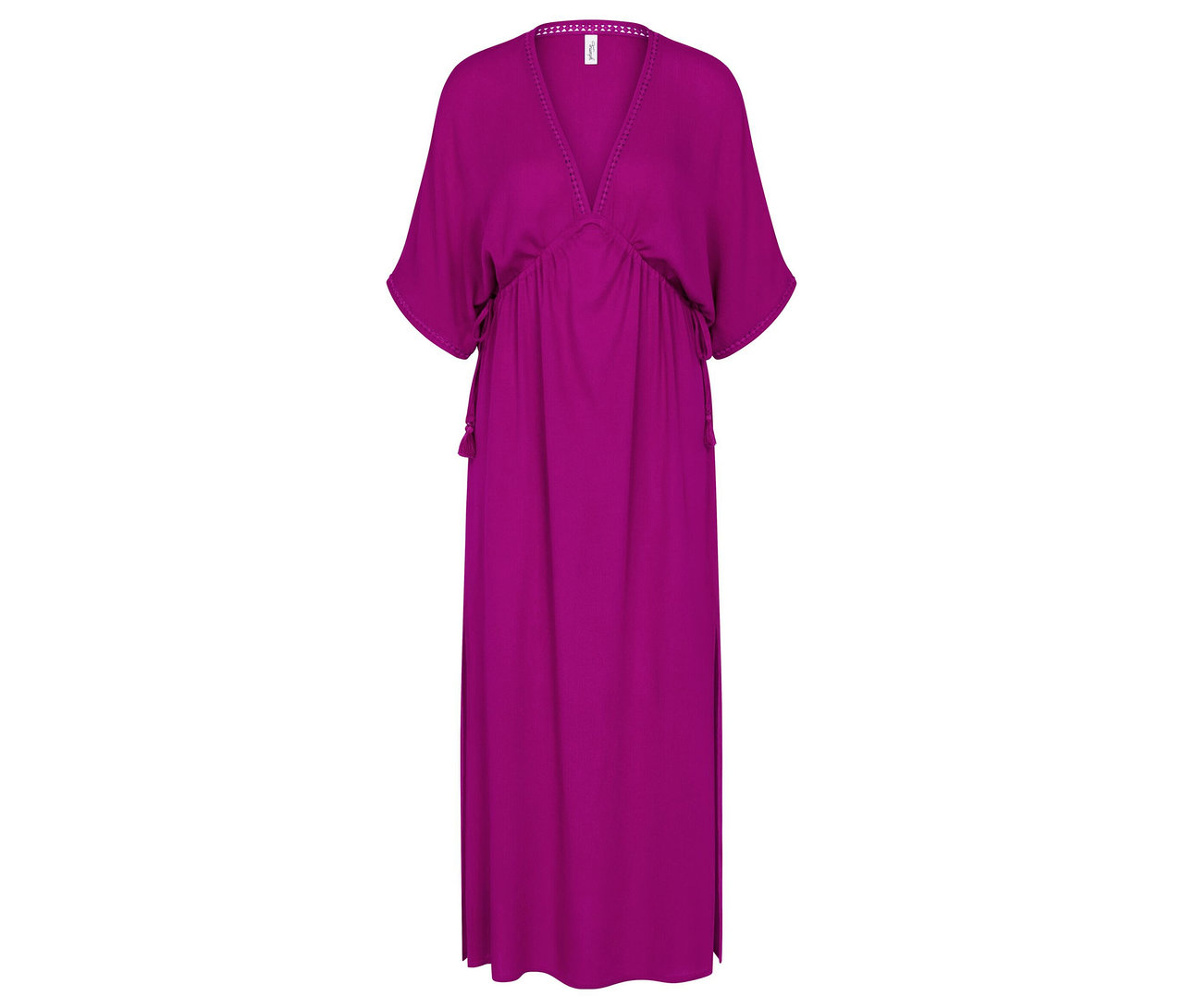 Fuchsiové maxi šaty Triumph Beach MyWear Kaftan s výstrihom do V, krátkymi netopierími rukávmi, nariaseným pásom a bočnými strapcami.