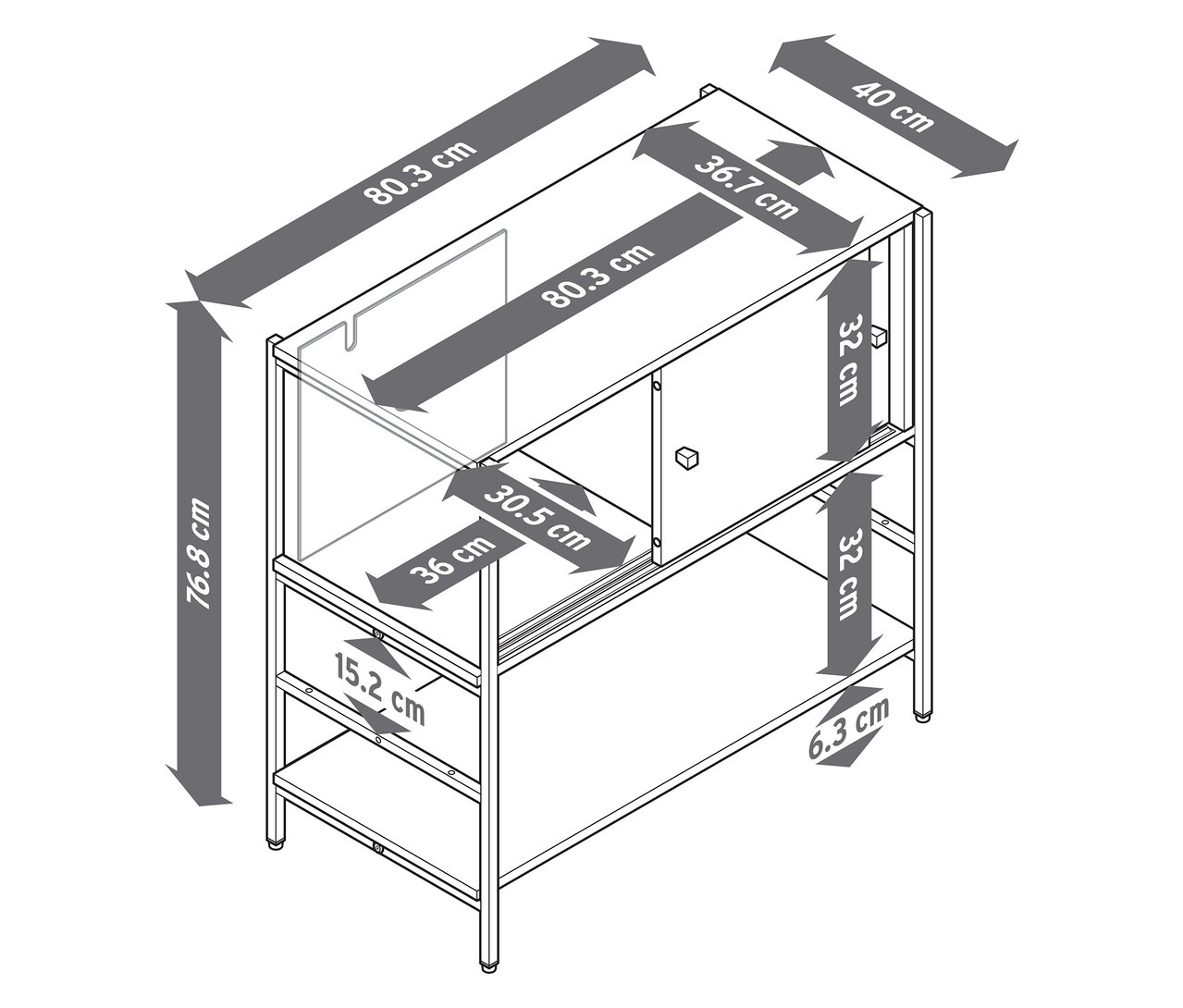 Obrázok detskej komody »GRADE« s posuvnými dverami vo vzhľade dreva a sivej farbe, s rozmermi.