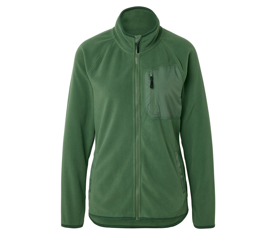 Zelená fleecová bunda so zipsom po celej dĺžke a náprsným vreckom na zips.